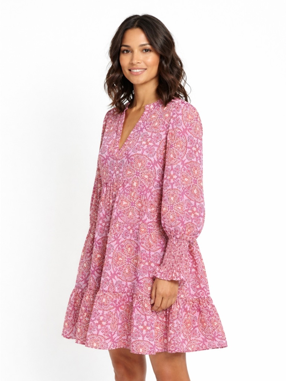Tukernuck Kenzo Pink and Orange color block Paisley Print Tiered Tunic Dress